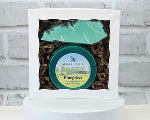 2 piece gift box set in the scent Bluegrass. With a handmade soap in the shape of the stat of Kentucky and an 8 oz soy candle.