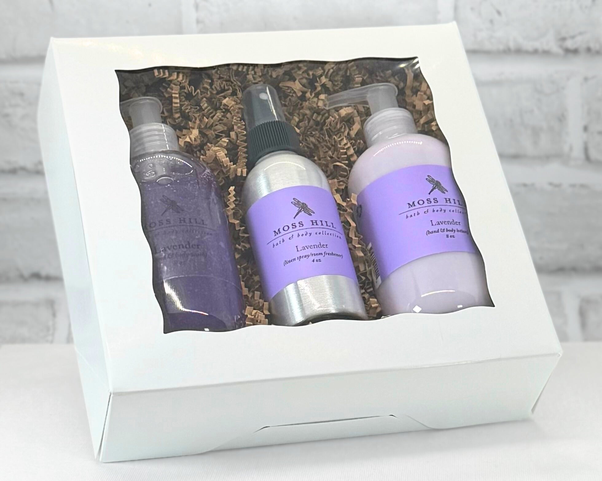 Moss Hill handmade body care gift set featuring lotion, wash, and linen spray