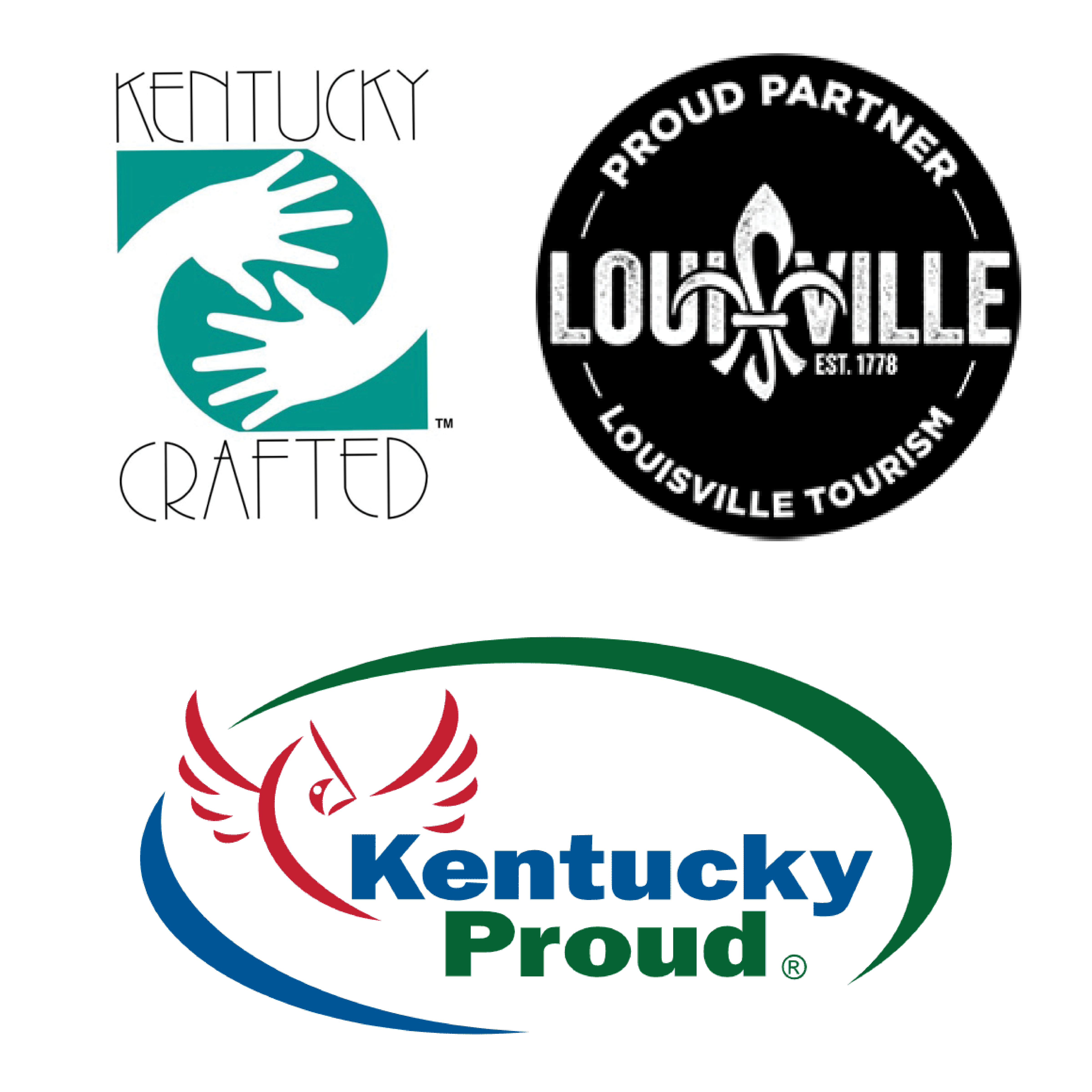 Three logos: 'Kentucky Crafted', 'Louisville Tourism', and 'Kentucky Proud' on a white background.