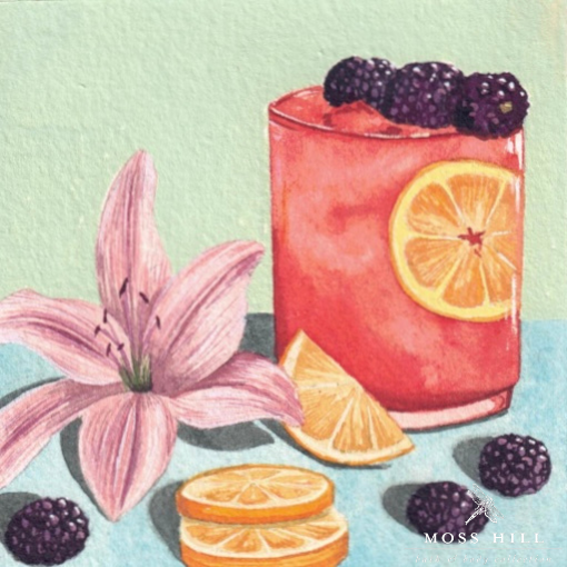 Kentucky Lily Scent Illustration of a pink drink with lemon slices and blackberries, surrounded by flowers and fruit on a light green background.