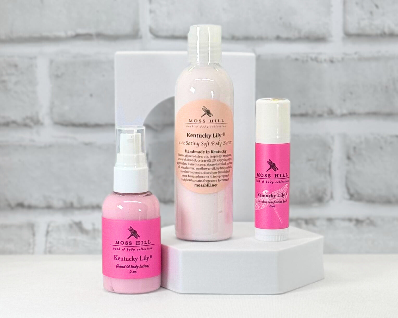 Kentucky Lily Moisturizing Gift Box Products. Labeled as hand and body lotion, body butter, and a moisturizing stick.