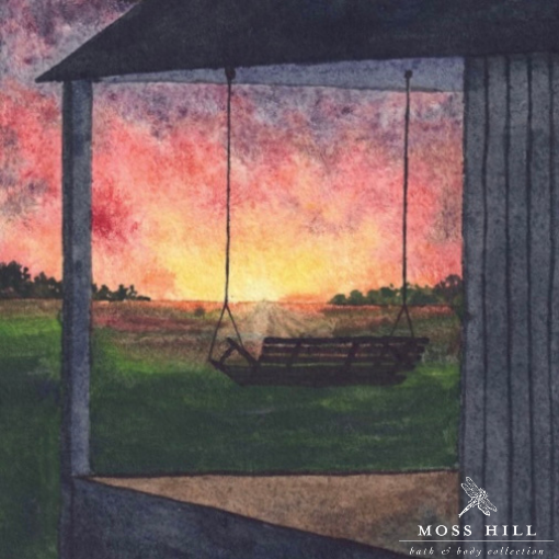 Hannah Pickerill's watercolor art with warm, golden tones and honeysuckle blossoms for Moss Hill's Southern Warmth scent, a comforting Southern blend.