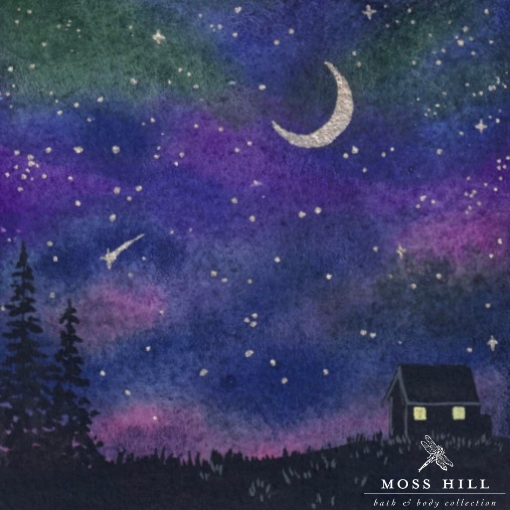 Hannah Pickerill's soft, ethereal watercolor art with vanilla pods and white tea leaves for Moss Hill's Sweet Dreams fragrance, a calming combination.