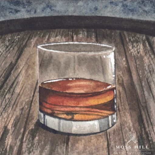 Hannah Pickerill's watercolor art depicting Moss Hill's Bathe in Bourbon scent, a sophisticated blend of bourbon and warm vanilla, evoking a cozy and comforting woody aroma.