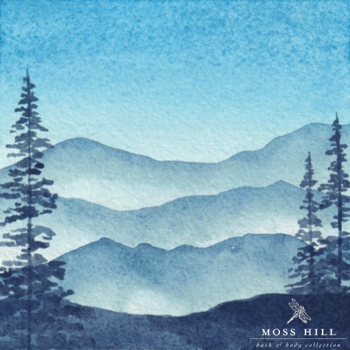 Hannah Pickerill's watercolor art with clean blue and white tones representing Moss Hill's Blue fragrance, a refreshing composite of musk, sandalwood, and lemon.