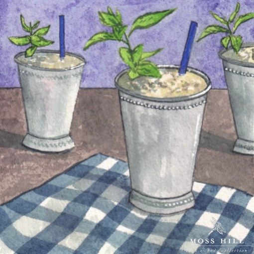 Hannah Pickerill's watercolor art of mint leaves and creamy vanilla, representing Moss Hill's Mint Julep fragrance, a fresh and invigorating blend.