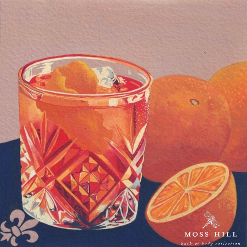 Hannah Pickerill's watercolor art inspired by an Old Fashioned cocktail, depicting bourbon and cherry notes for Moss Hill's Old Fashioned fragrance.