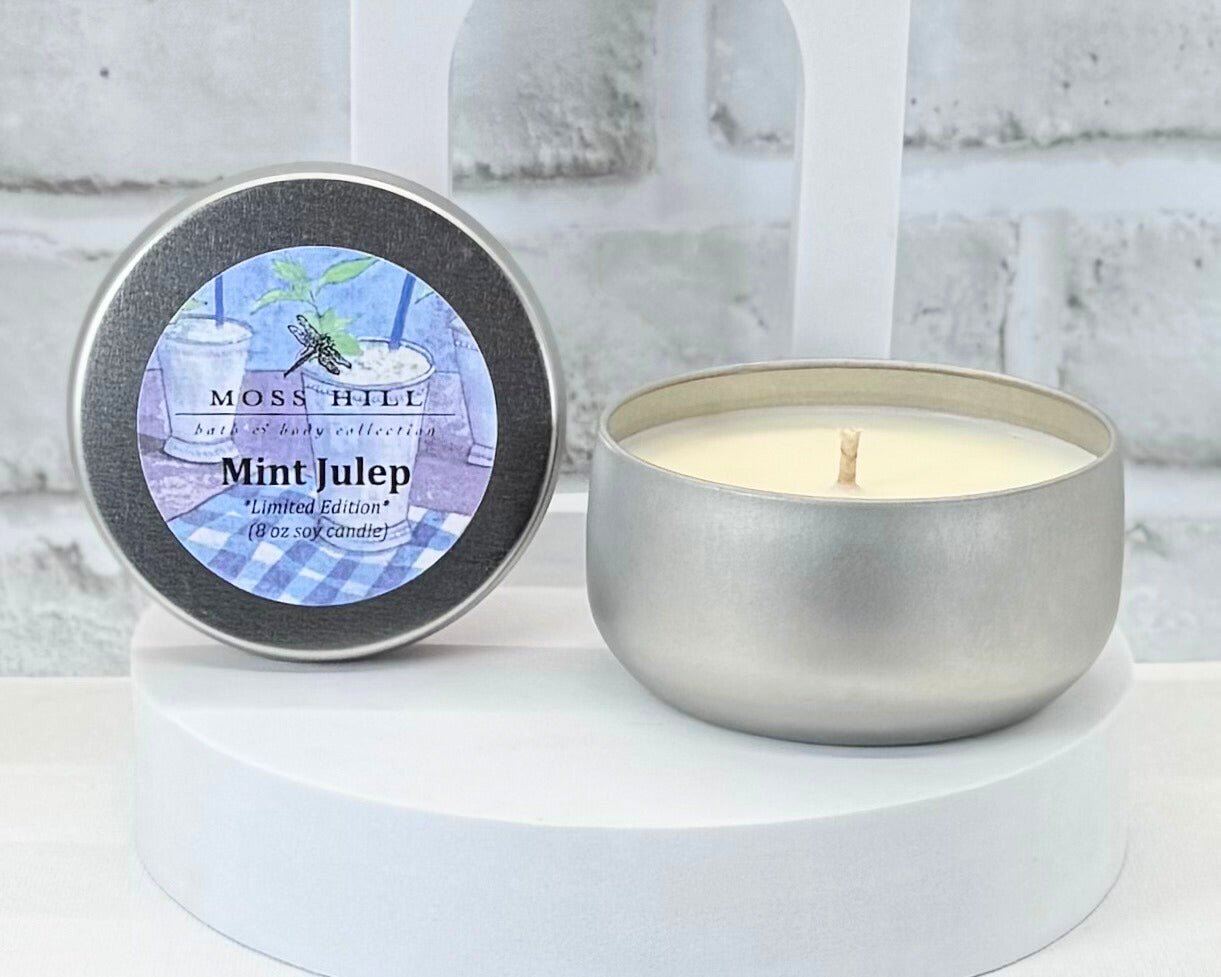 8 oz soy candle in the scent Mint Julep. Hand-poured into a silver container by Moss Hill Bath & Body.