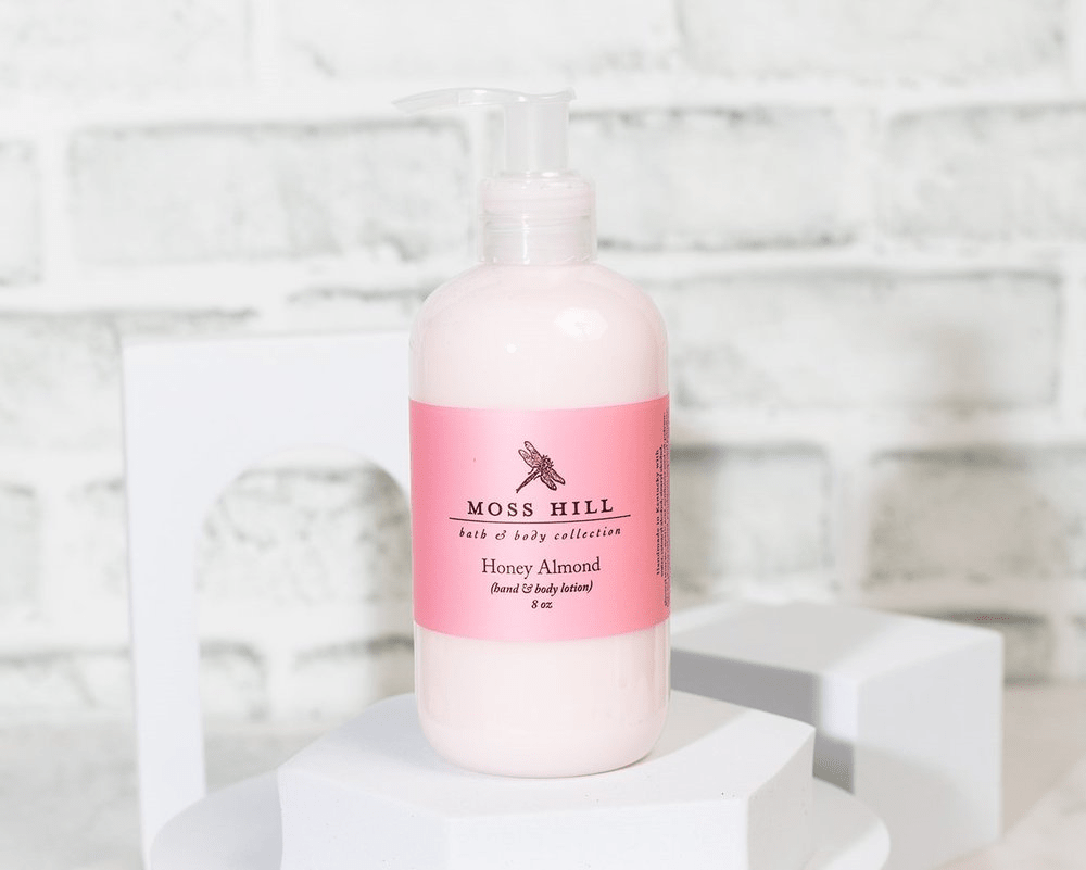 Honey Almond hand made lotion in 8 ounce bottle.