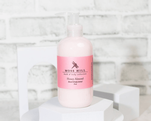 Honey Almond hand made lotion in 8 ounce bottle.