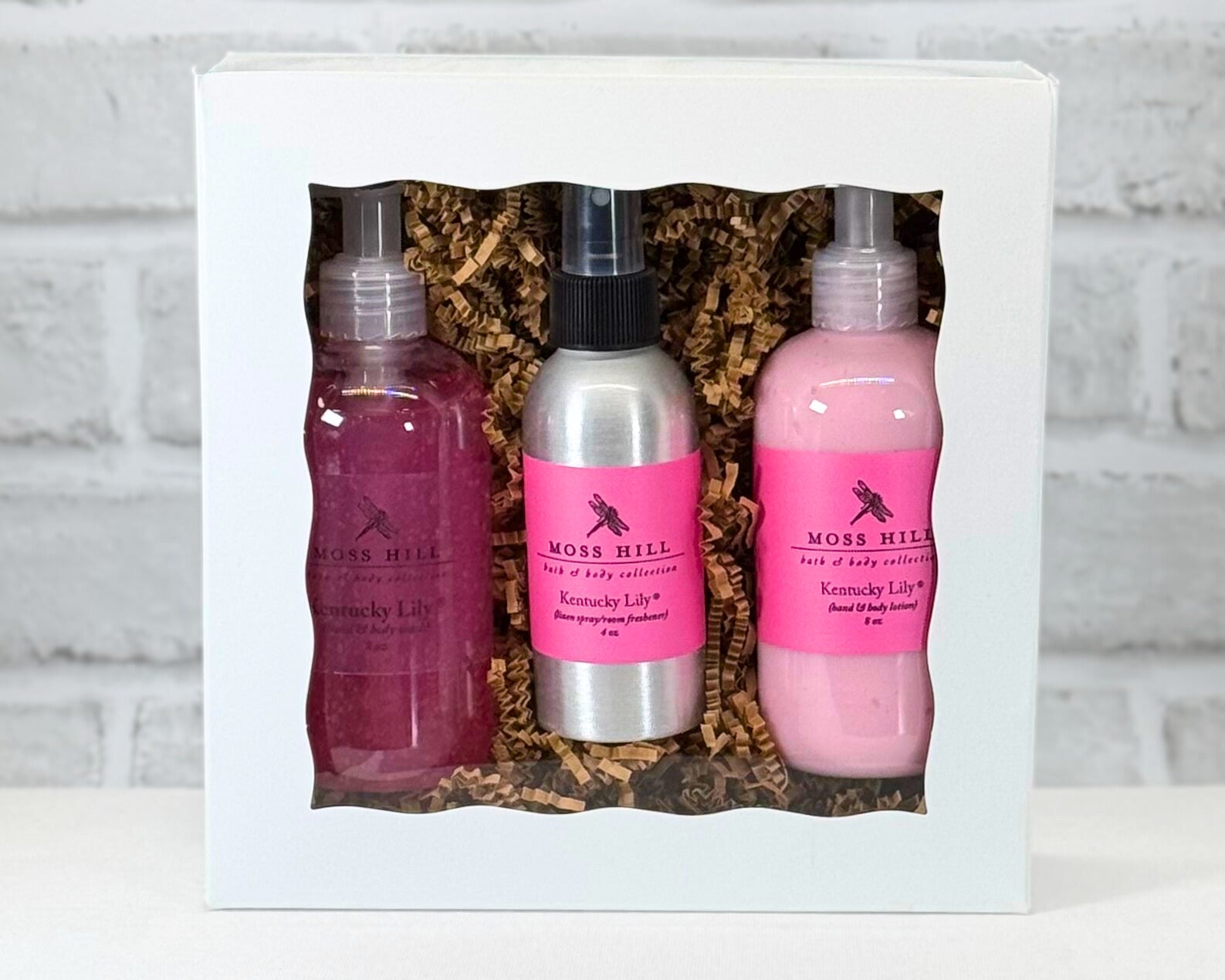 Moss Hill Home Essentials Set with handmade hand & body wash, lotion, and linen spray