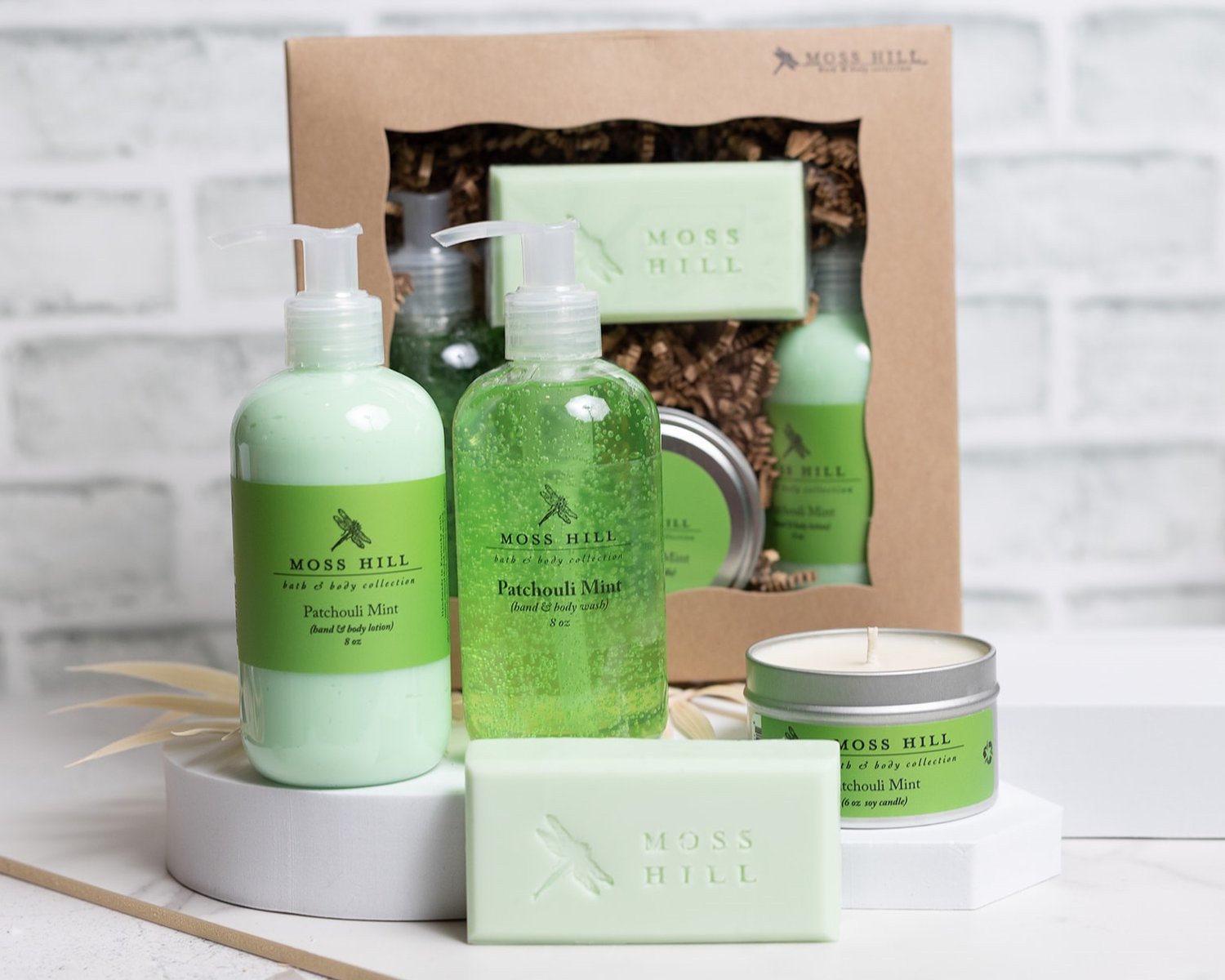 4 piece gift box by Moss Hill including handmade lotion, soap bar, candle and hand wash.