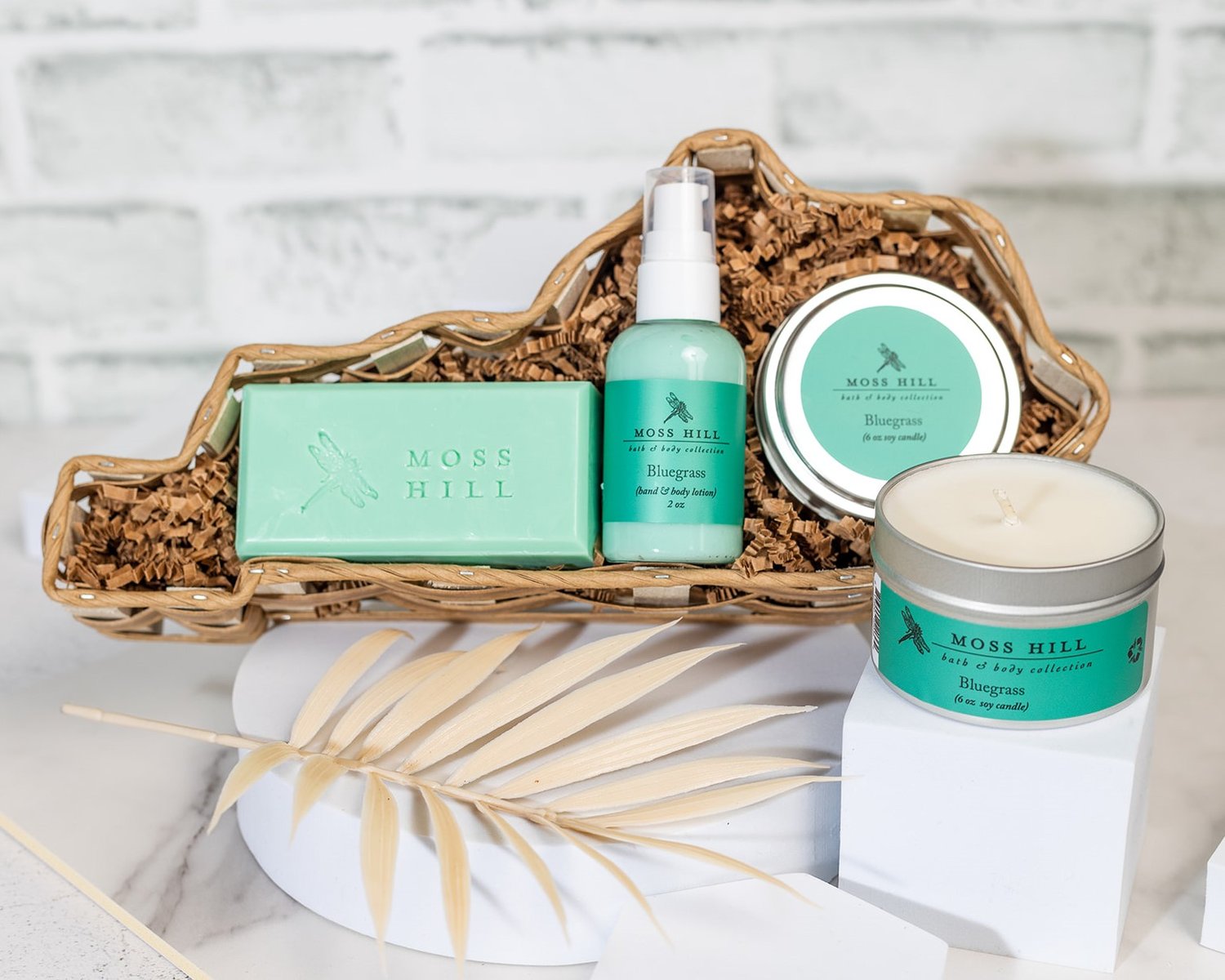 Kentucky Basket Small Set with Bluegrass fragrance handmade soap, soy candle, and handmade lotion, ideal for a bright body care gift