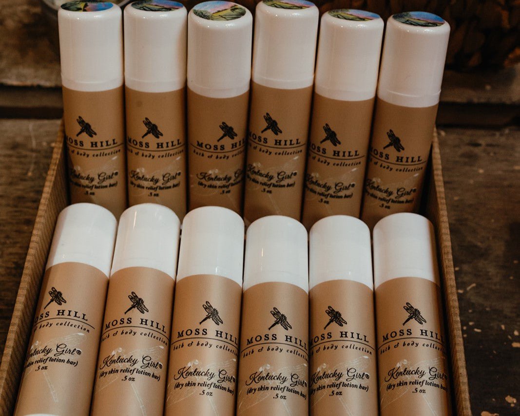 Several dry skin relief lotion bars in a decortative box for a product display in a retain store