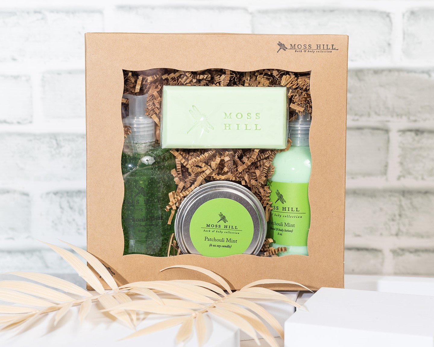 Patchouli Mint gift set with custom soaps, lotions, and soap bar.
