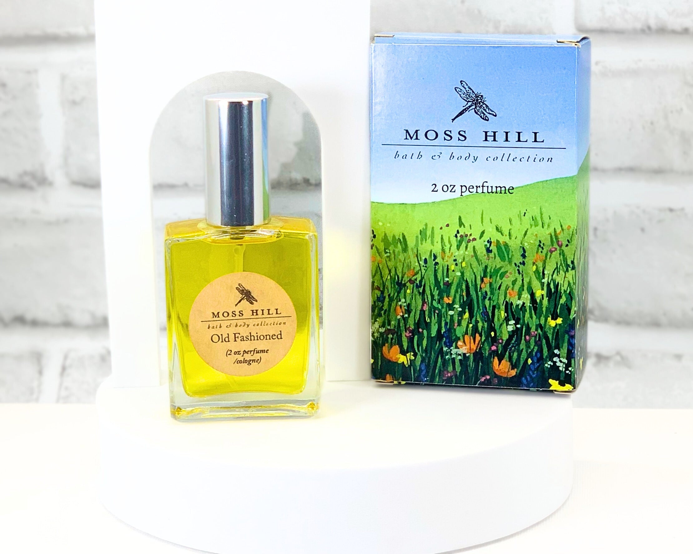 Spray perfume in Old Fashioned scent in Moss Hill gift box displayed on white background