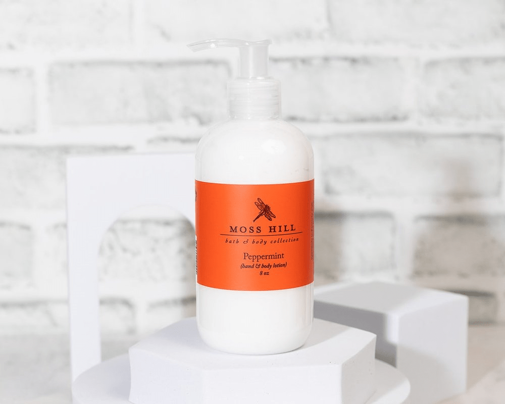 Peppermint scented handmade lotion in 8 ounce bottle.