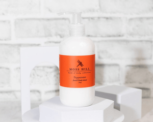 Peppermint scented handmade lotion in 8 ounce bottle.