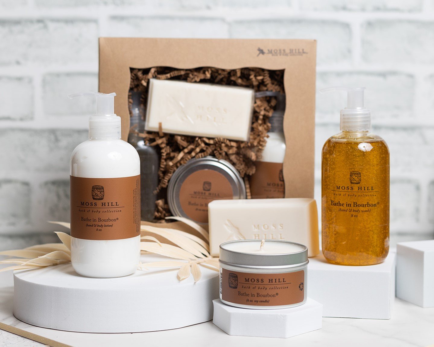 Bathe in Bourbon products with gift set with custom soaps, lotions, and soap bar.