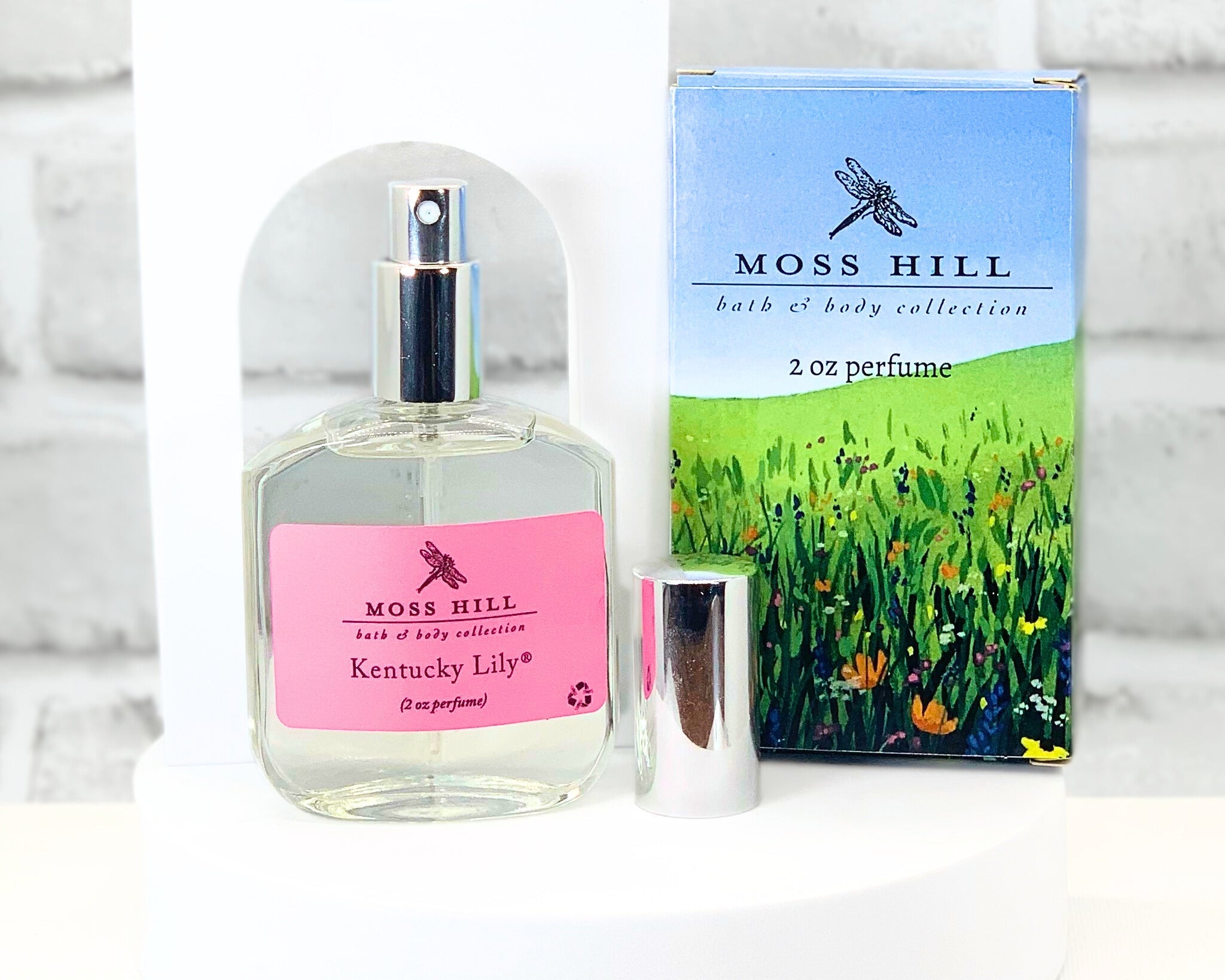 Elegant spray perfume in Kentucky Lily scent in Moss Hill gift box displayed on white background