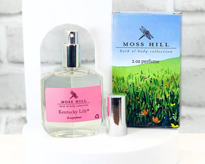 Elegant spray perfume in Kentucky Lily scent in Moss Hill gift box displayed on white background