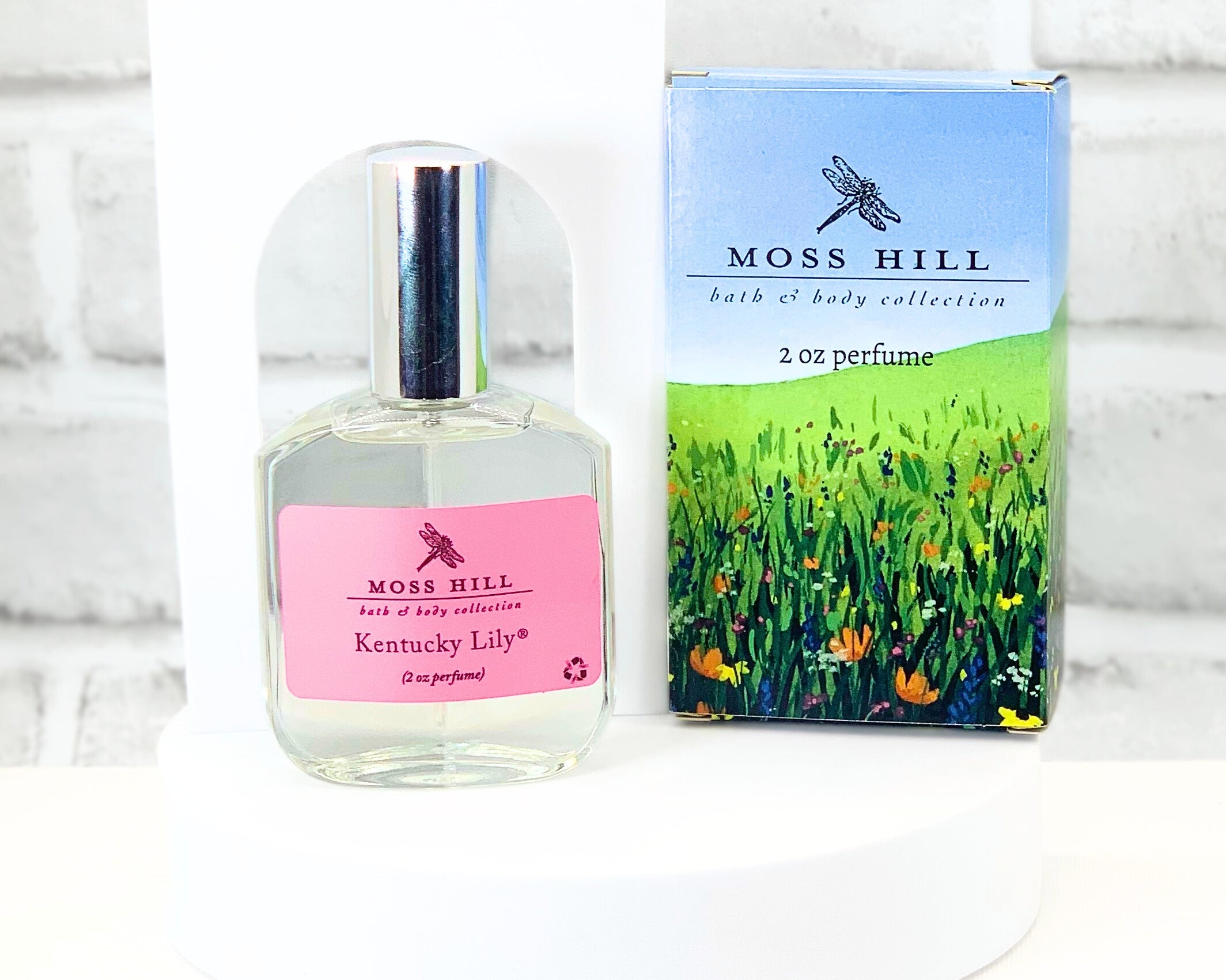 Elegant spray perfume in Kentucky Girl scent in Moss Hill gift box displayed on white background